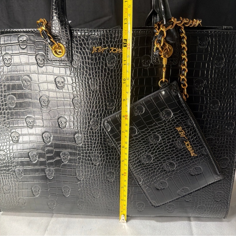 Betsey Johnson Black Croc-Embossed Tote with Gold Chain Accents - Picture 7 of 11